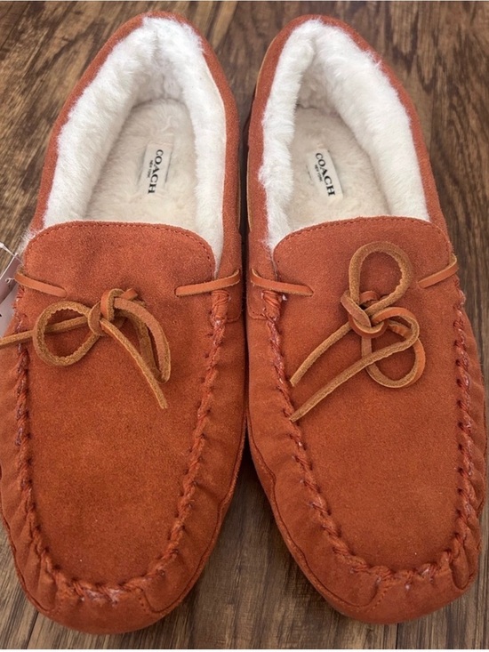 Coach Shoes - Coach Rust Orange Suede Shearling Moccasin Slippers